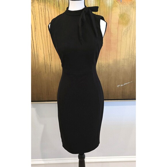 Calvin Klein Dress Womens 4 Black Sheath Mock Neck Tie Bow Sleeveless Zip Back - Picture 1 of 16